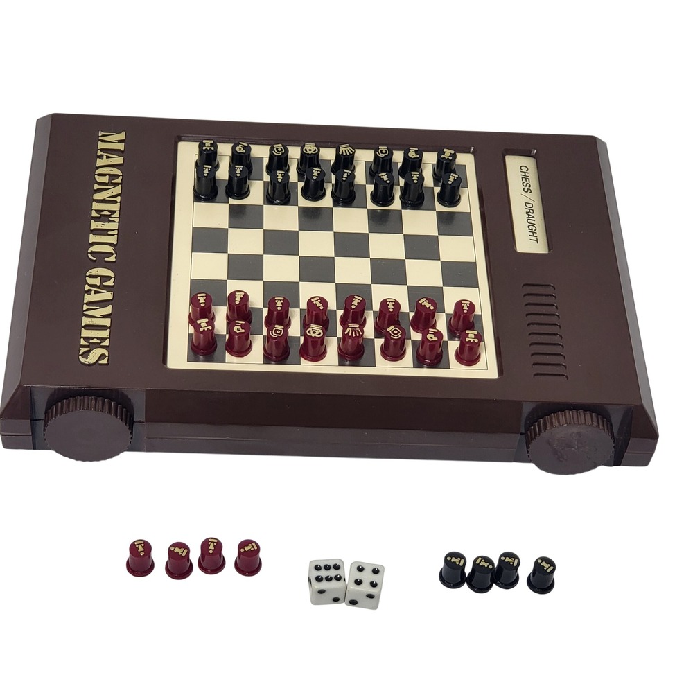 VTG Magnetic Multi Game Travel Set Chess Draughts Solitaire Brown Plastic 1990's